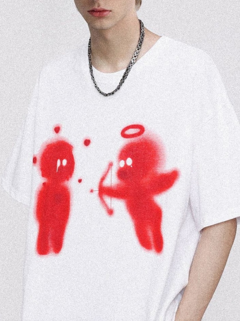 White Graphic Tee with Red Angel Print - Men's Shirt